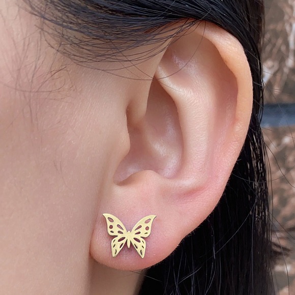 Gold Butterfly Earrings Stud Cute Minimalist Earrings Jewelry Gift for Her Steel - Picture 2 of 4